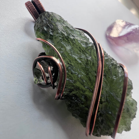 9.6g Moldavite & Herkimer Diamond Pendant - Copper Wrap