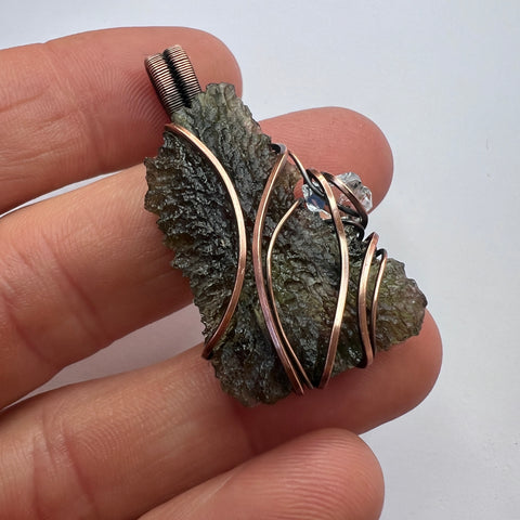 4.44g Moldavite & Herkimer Diamond Pendant - Copper Wrap
