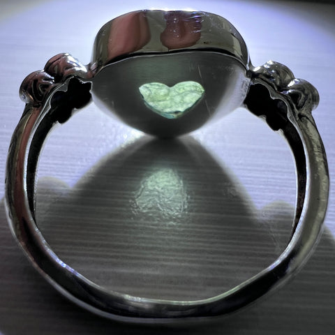 Heart-Shaped Moldavite Ring with Floral Design – Size 7 (O)