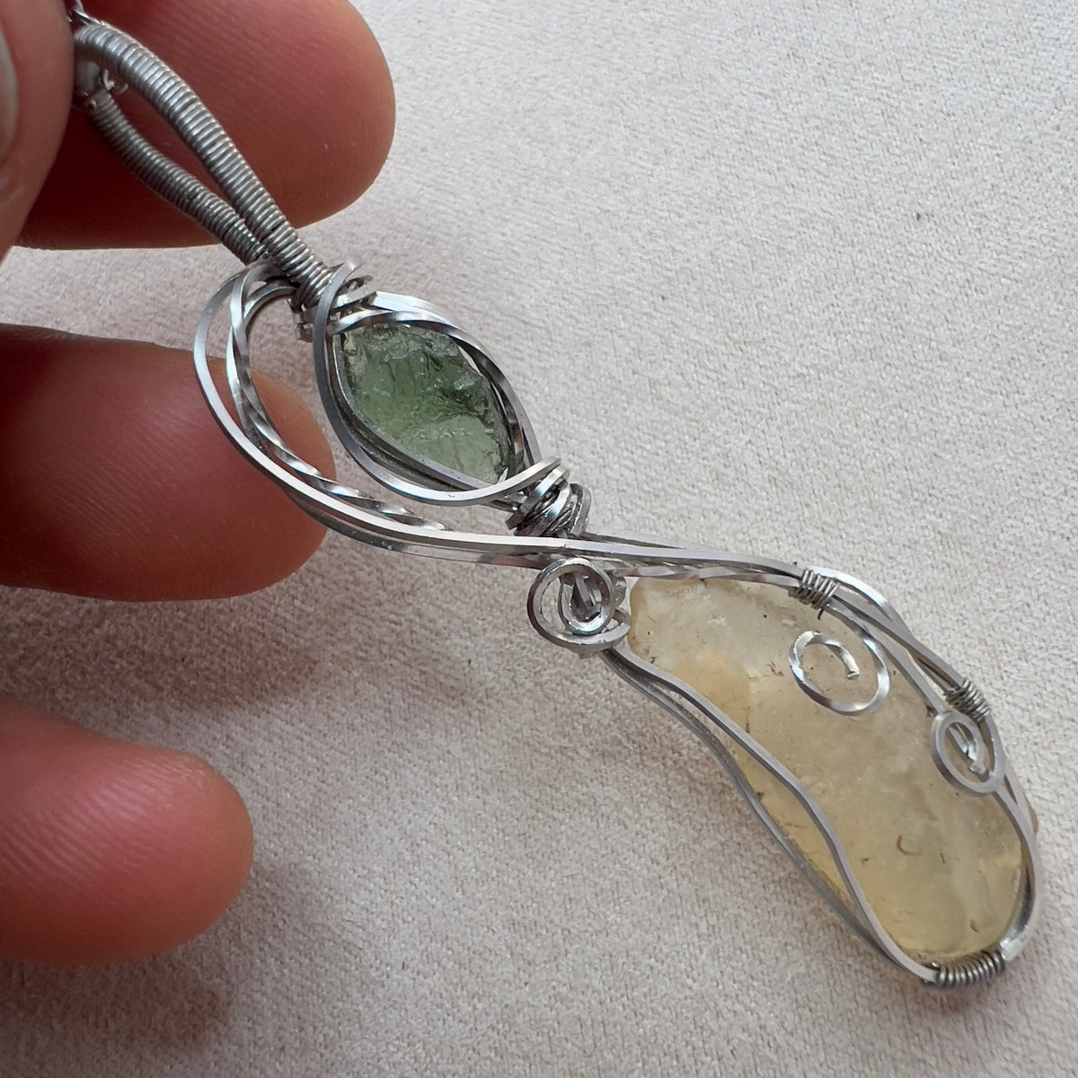 Wire Wrapped Moldavite Silver necklace with LDG