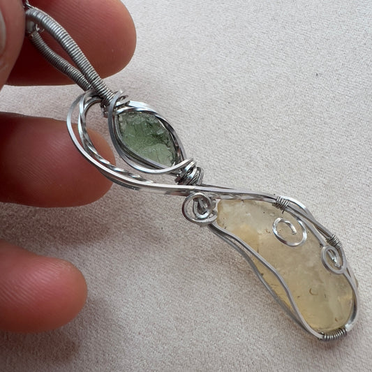 Wire Wrapped Moldavite Silver necklace with LDG