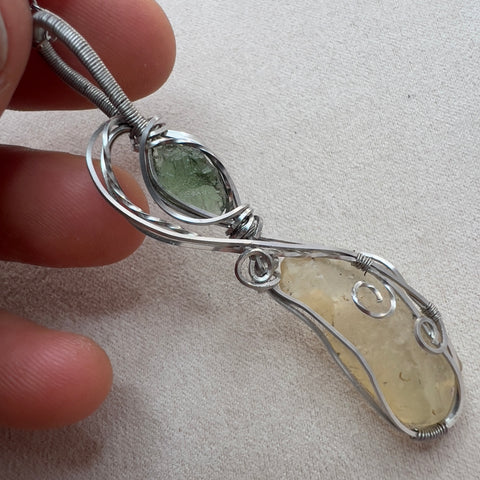 Wire Wrapped Moldavite Silver necklace with LDG