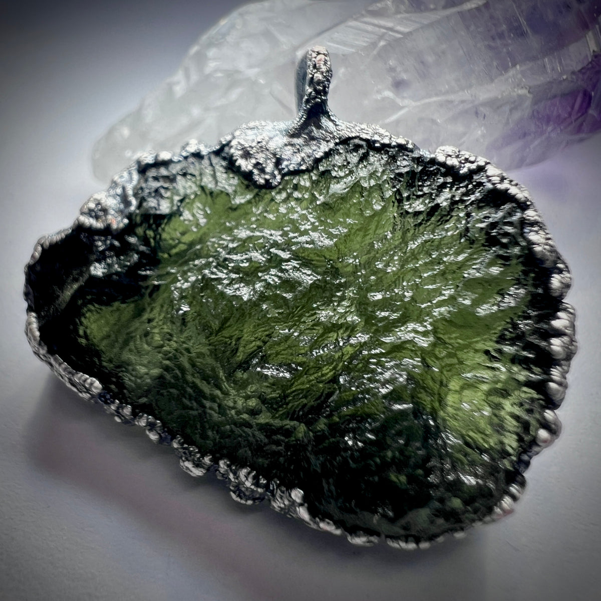 Silver Plated Electroformed Moldavite Pendant | 4.78g | Marouskovo Pole
