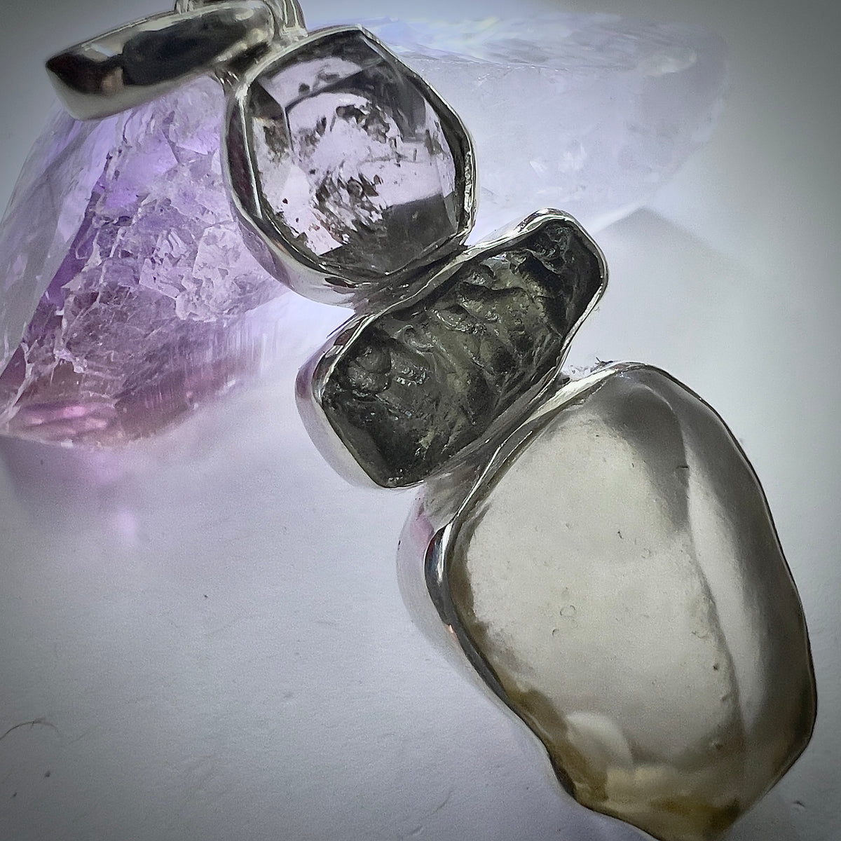 Sterling Silver Pendant with Moldavite, Herkimer Diamond & LDG | 0.8g | Chlum