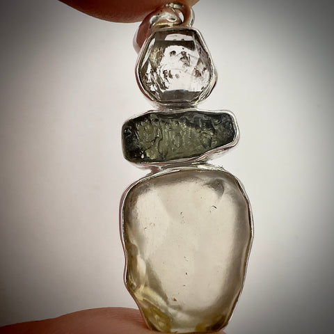 Sterling Silver Pendant with Moldavite, Herkimer Diamond & LDG | 0.8g | Chlum