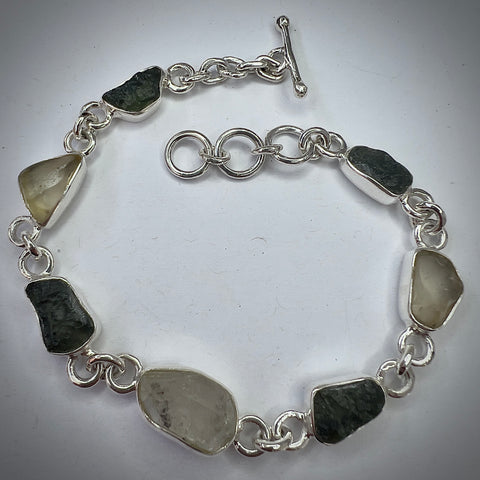 Handcrafted Sterling Silver Link Bracelet with Moldavite, Herkimer Diamond & LDG| 2.4g | Chlum