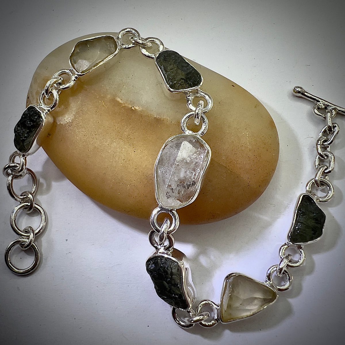 Handcrafted Sterling Silver Link Bracelet with Moldavite, Herkimer Diamond & LDG| 2.4g | Chlum