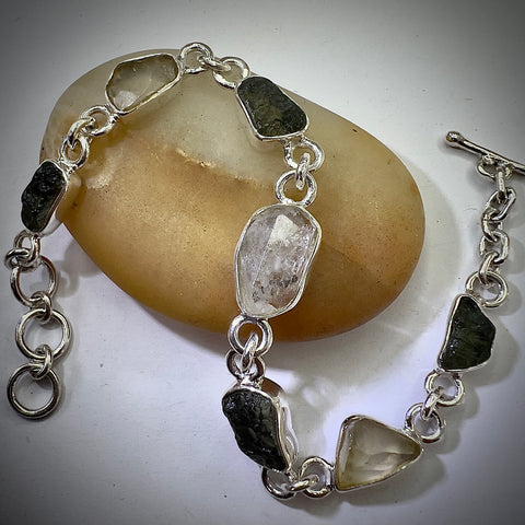 Handcrafted Sterling Silver Link Bracelet with Moldavite, Herkimer Diamond & LDG| 2.4g | Chlum