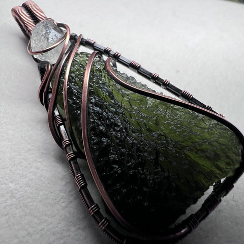 9.2g Moldavite & Herkimer Diamond Pendant - Copper Wrap