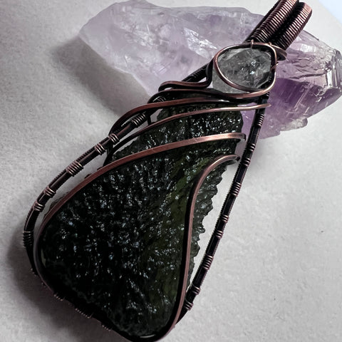 9.2g Moldavite & Herkimer Diamond Pendant - Copper Wrap