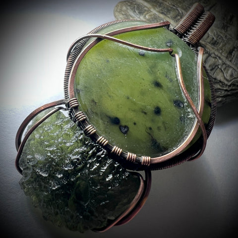 Moldavite & NZ Greenstone Pendant.