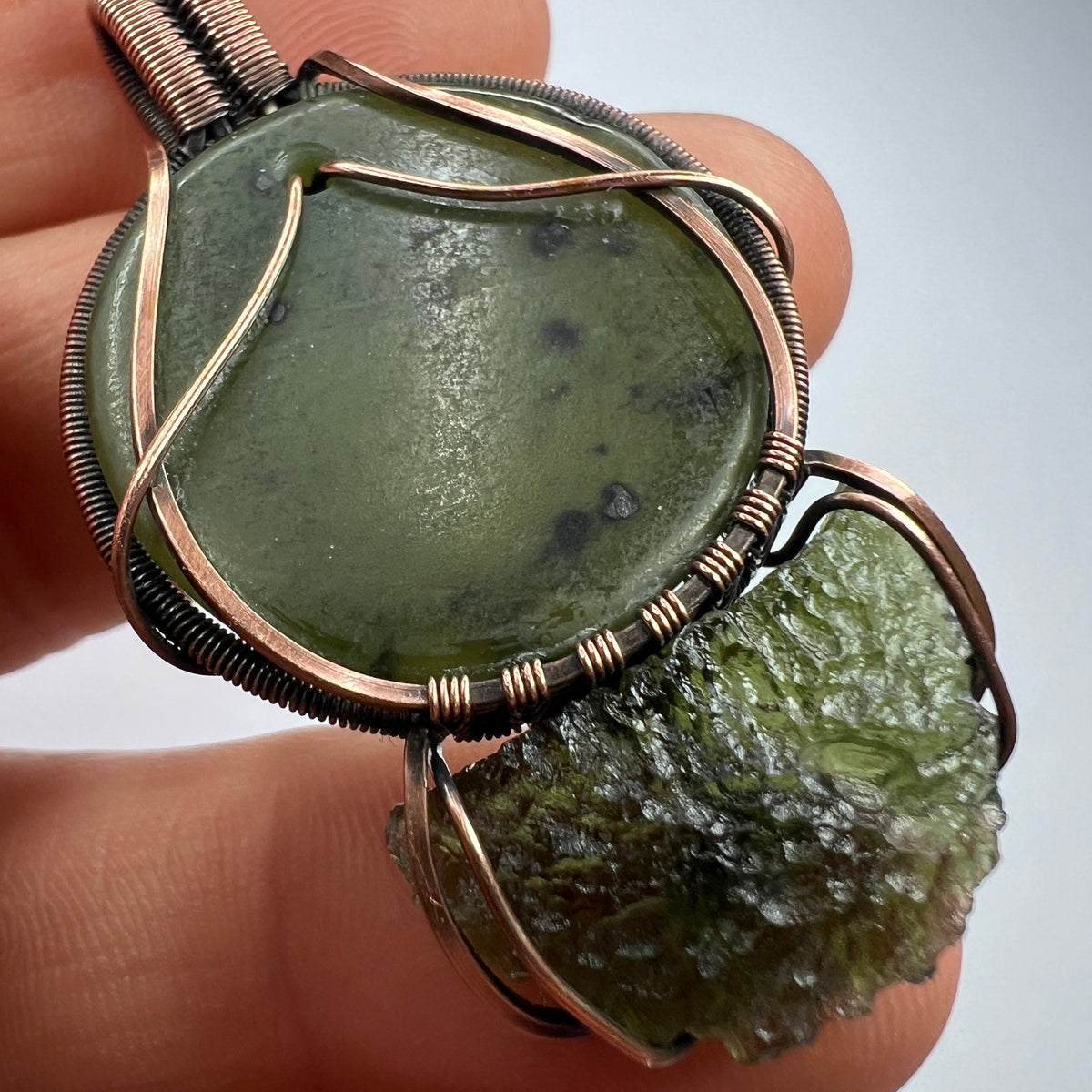 Moldavite & NZ Greenstone Pendant.