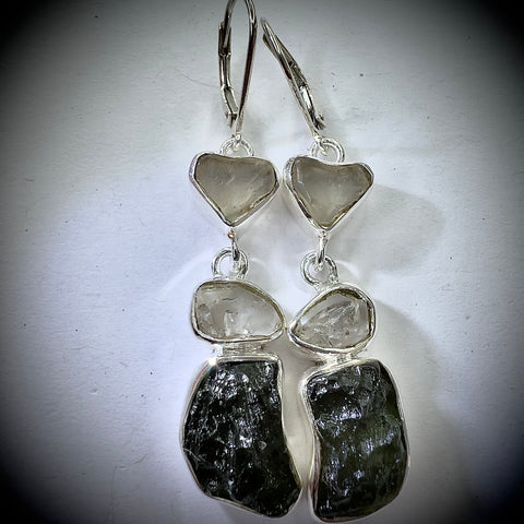 Moldavite, Herkimer & LDG Sterling Silver Earrings | 3.77g | Chlum