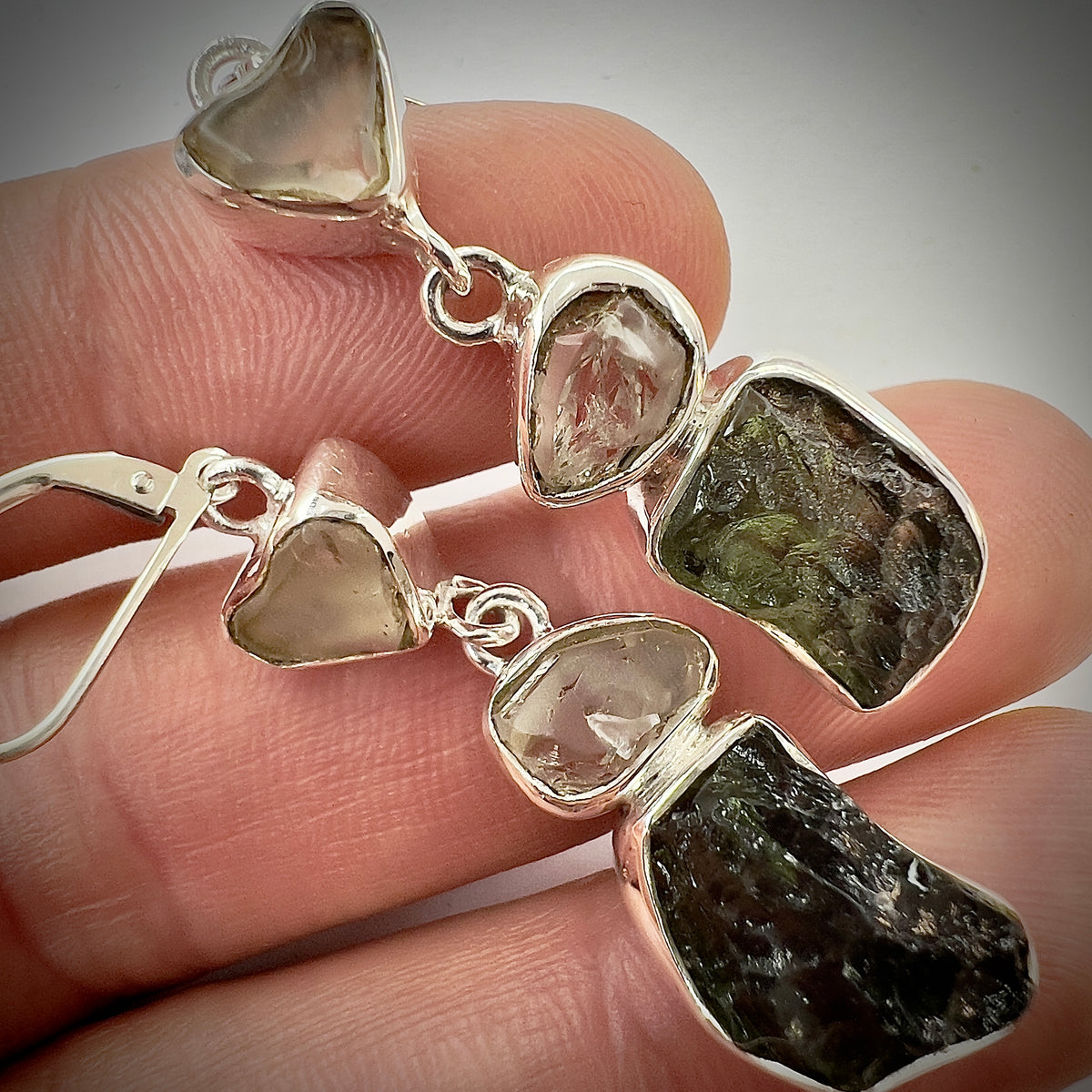 Moldavite, Herkimer & LDG Sterling Silver Earrings | 3.77g | Chlum