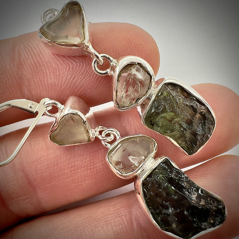 Moldavite, Herkimer & LDG Sterling Silver Earrings | 3.77g | Chlum