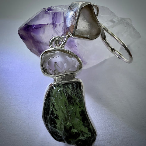 Moldavite, Herkimer & LDG Sterling Silver Earrings | 3.77g | Chlum