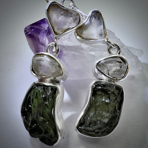Moldavite, Herkimer & LDG Sterling Silver Earrings | 3.77g | Chlum