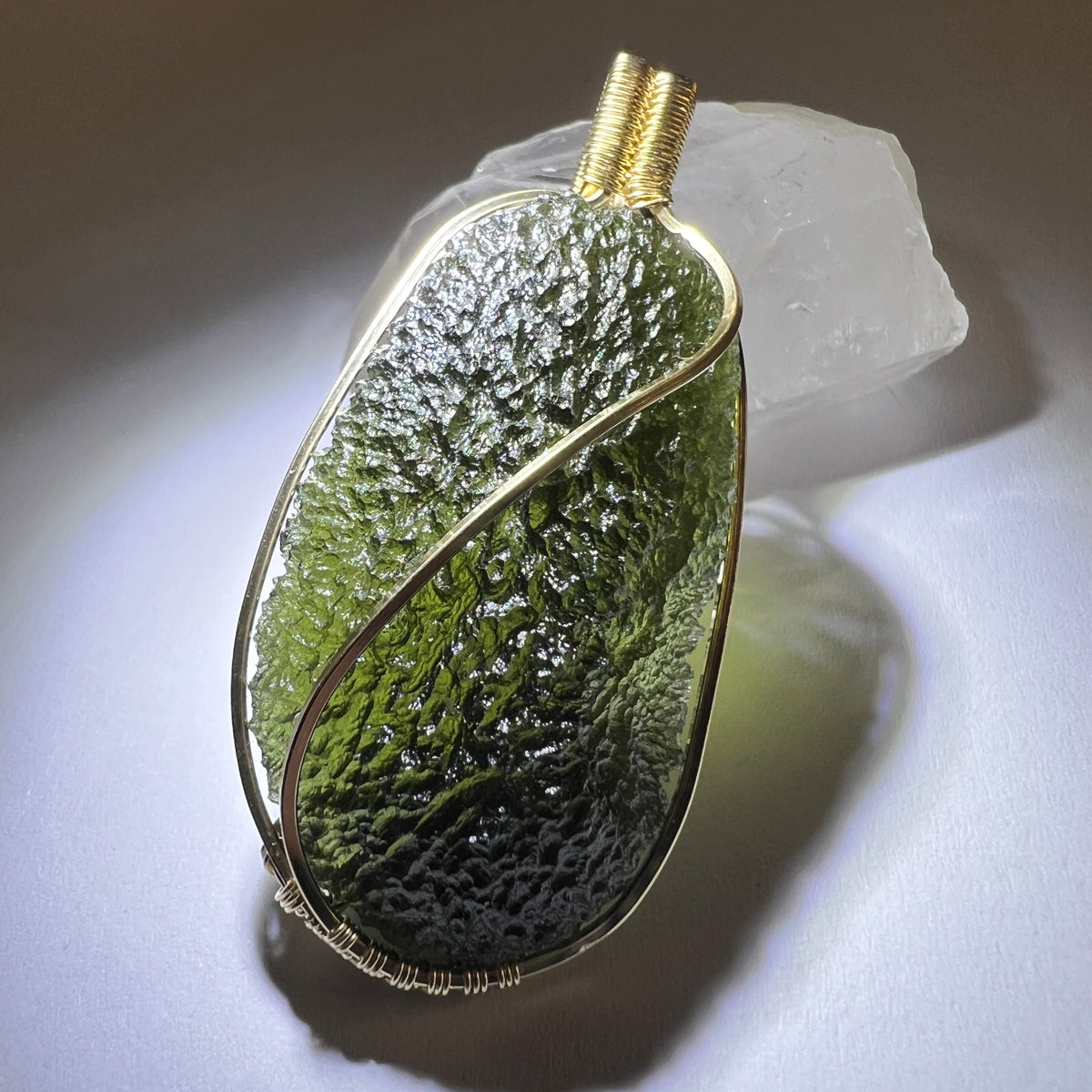 Statement piece Moldavite Pendant in 14k Gold.