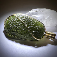 Statement piece Moldavite Pendant in 14k Gold.