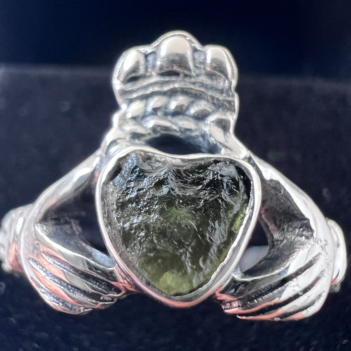 Claddagh Moldavite Silver Ring - Size 9
