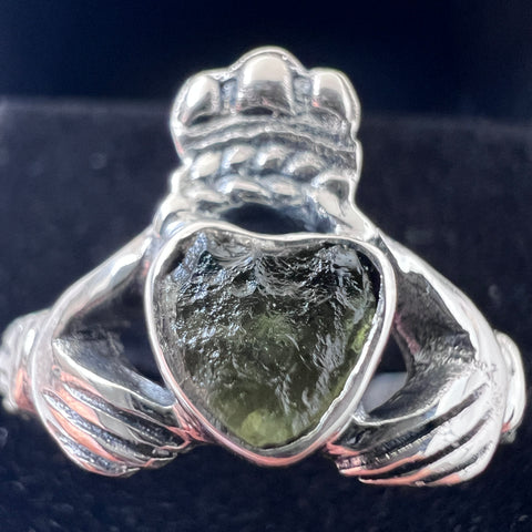 Claddagh Moldavite Silver Ring - Size 9