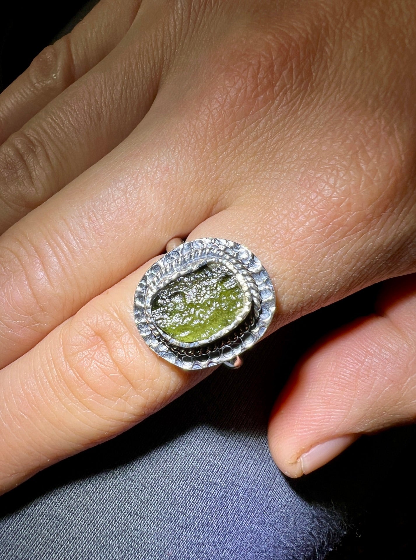 Moldavite/Silver ring, size O (7us).