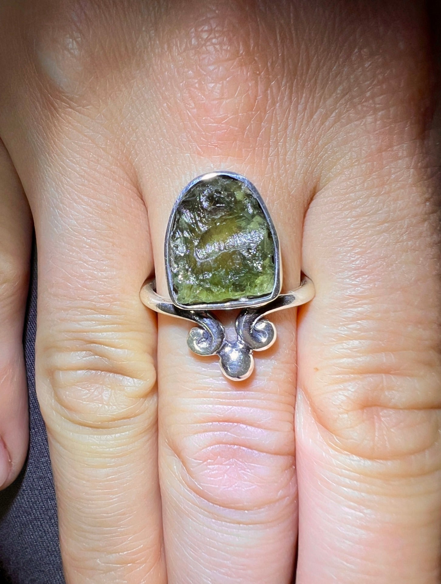 Moldavite,Silver set ring, size R (8.5).