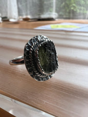 Moldavite/Silver ring, size O (7us).