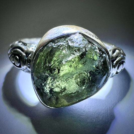 Rounded Bezel Sterling Silver Moldavite Ring -  9.5 (T)
