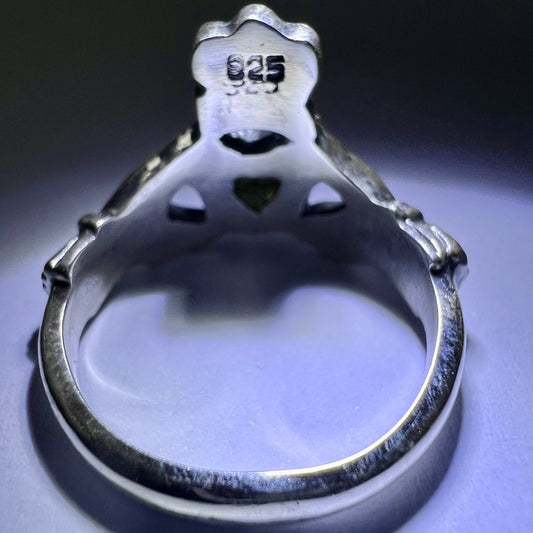 Claddagh Sterling Silver Moldavite Ring -  7.5 (P)