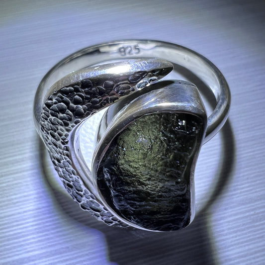 Crescent Moon Sterling Silver Moldavite Ring -  9 (S) Open