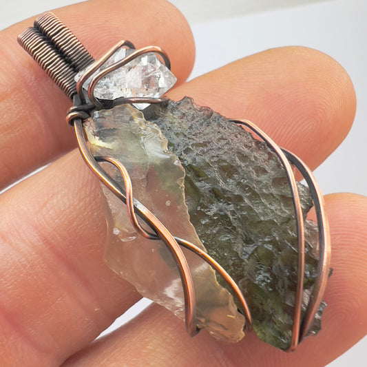 Moldavite, LDG & Herkimer Necklace - Copper Wrap