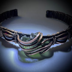 Moldavite Copper Bracelet with Garnet Accents - (S/M Adjustable)