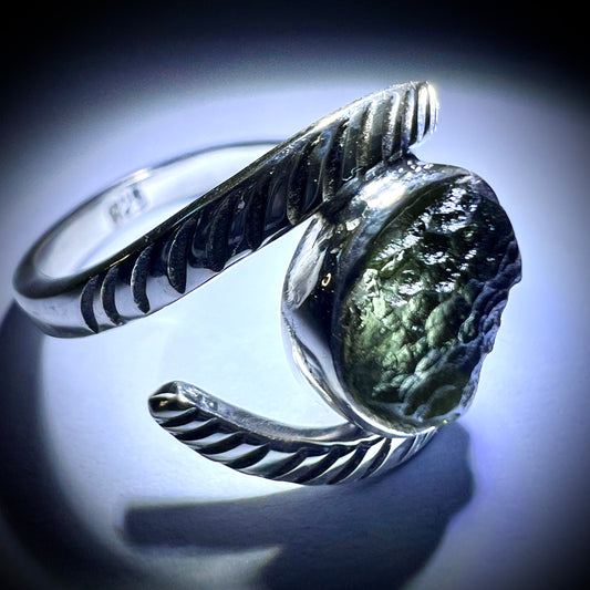 All Seeing Eye  Sterling Silver Moldavite Ring -  7 (O)