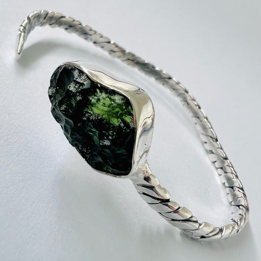 Twisted Band Moldavite Silver Bracelet