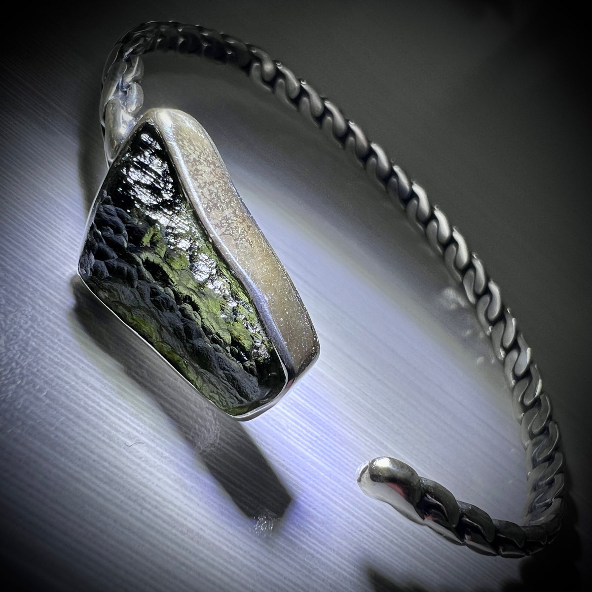 Twisted Band Moldavite Silver Bracelet