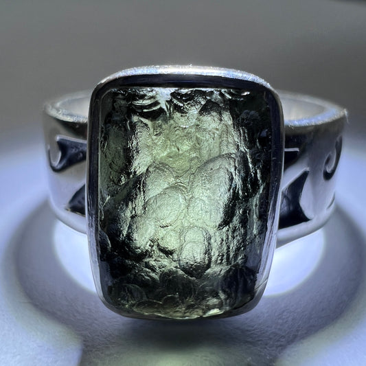 Square Bezel Sterling Silver Moldavite Ring - Size 9 (S)
