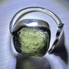 Whale's Tail Design Silver Moldavite Ring - Open Size 8(Q)
