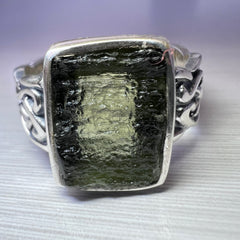 Celtic Thick Band Rectangular Silver Moldavite Ring - Size 8.5 (R)