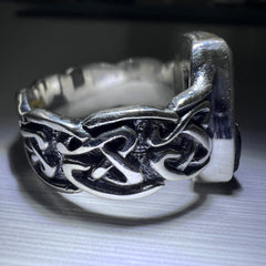 Celtic Thick Band Rectangular Silver Moldavite Ring - Size 8.5 (R)