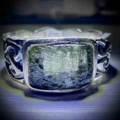Celtic Thick Band Rectangular  Silver Moldavite Ring - Size 9 (S)