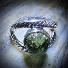 All Seeing Eye  Sterling Silver Moldavite Ring -  4 (O)