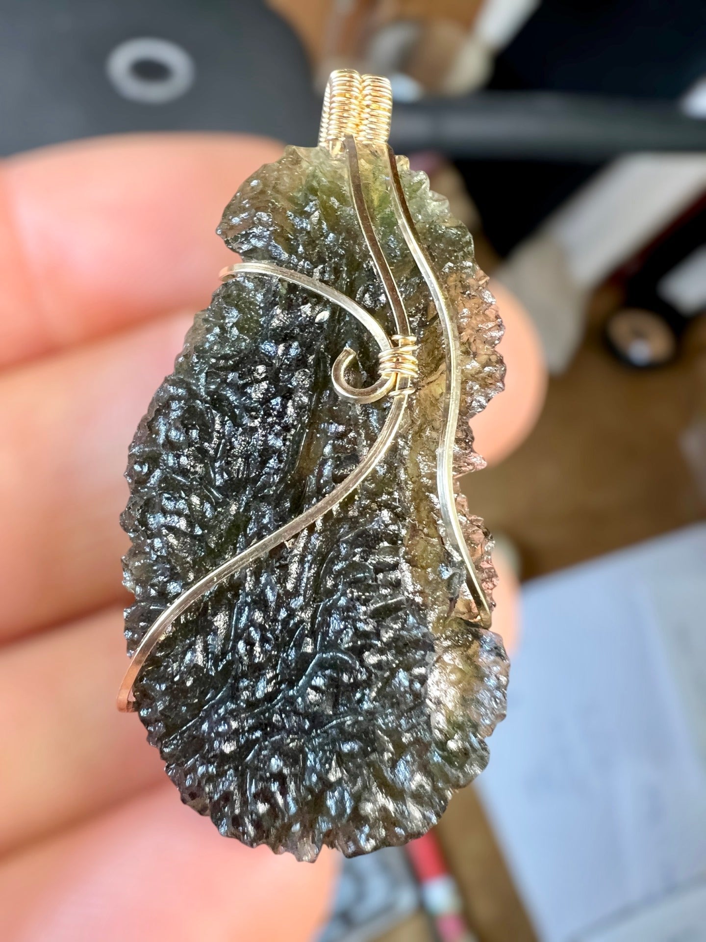 12g Moldavite pendant, 14ct Gold.