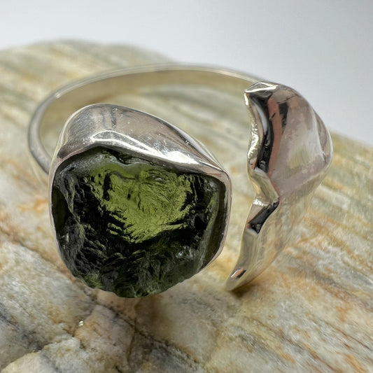 Custom Whale's Tail Design Silver Moldavite Ring - Open Size 12.5