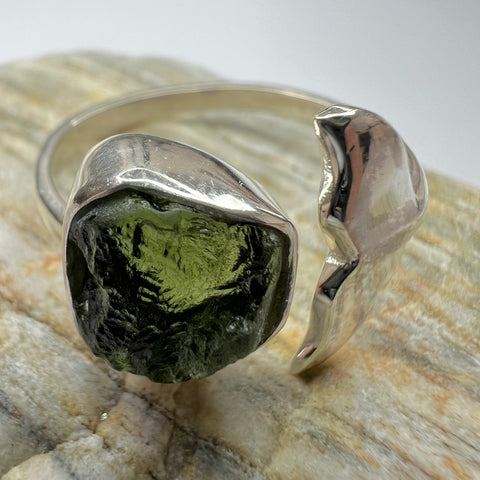 Custom Whale's Tail Design Silver Moldavite Ring - Open Size 12.5 (Y)