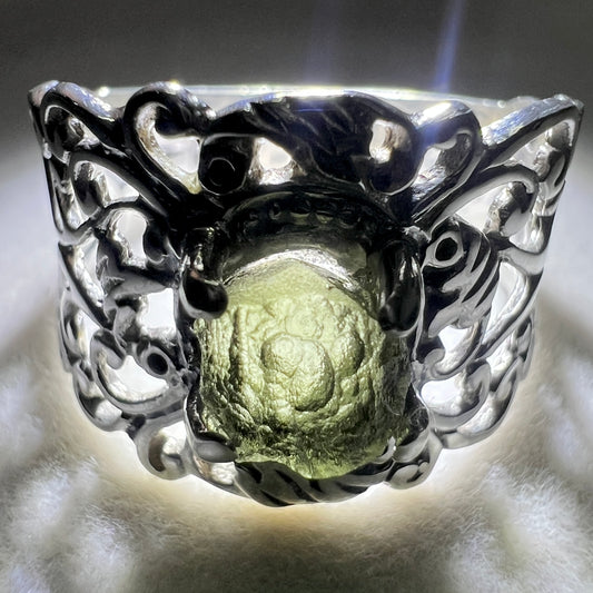 Ornamental Band Sterling Silver Moldavite Ring -  10