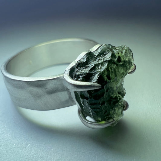 Claw Set Thick Band Silver Moldavite Ring - Size 8(Q)