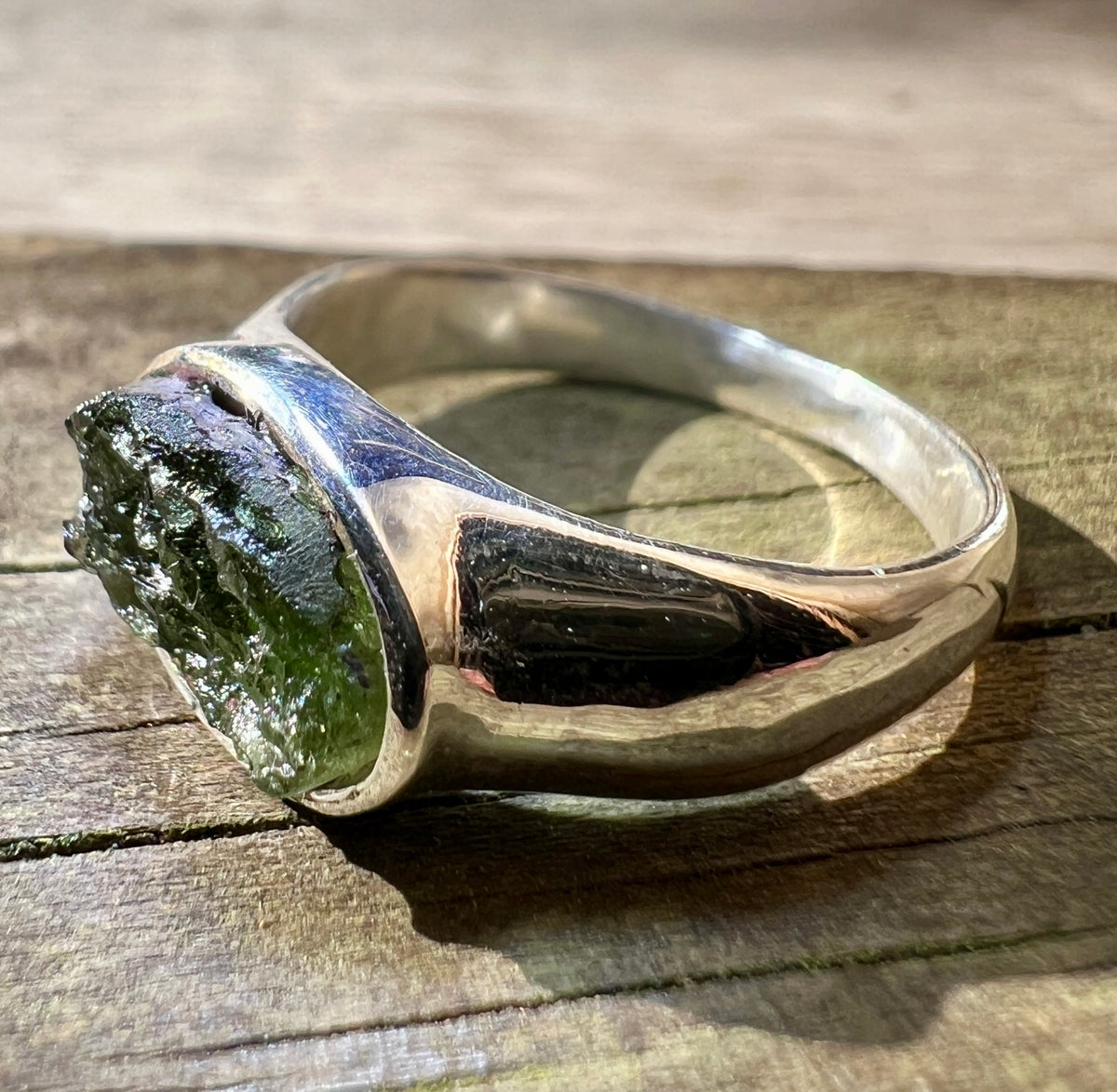 Moldavite Silver Ring (Size 7.5 - P)