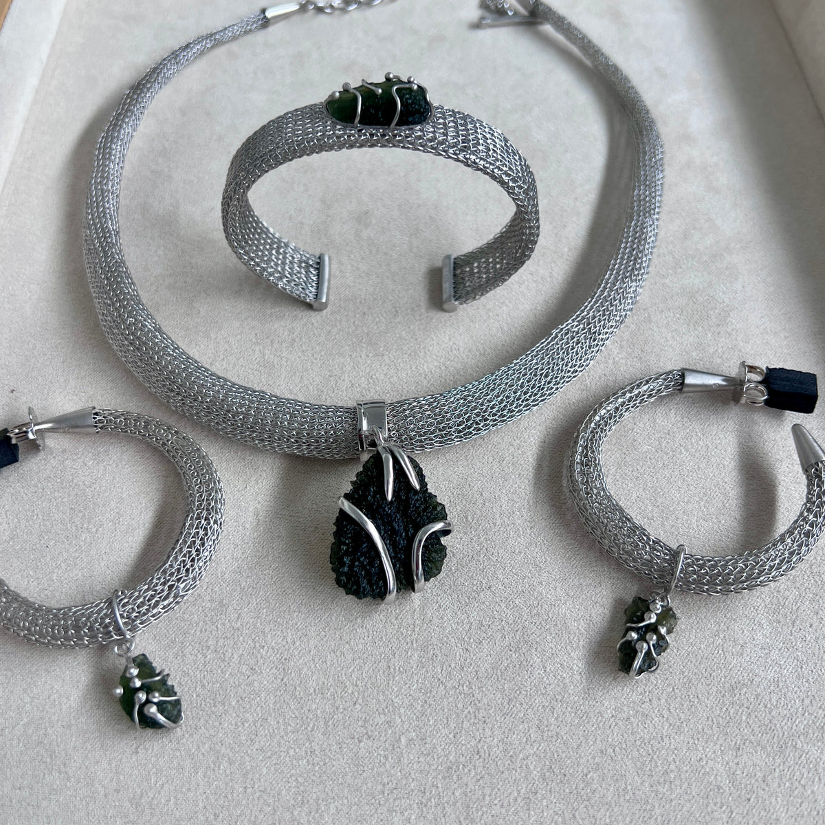 Woven Silver Moldavite Set - Earring, Bracelet, and Necklace