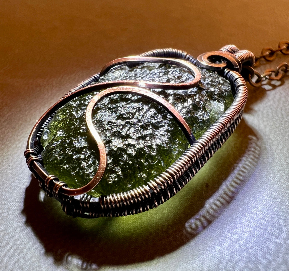 Deluxe Moldavite Pendant in Antiqued Copper